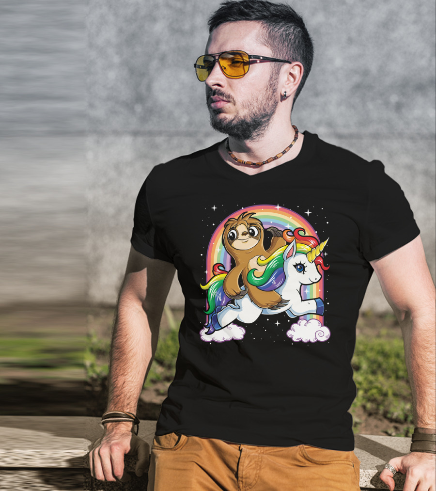 Sloth Riding Unicorn Rainbow Slothicorn Women Kids Fun T-Shirt