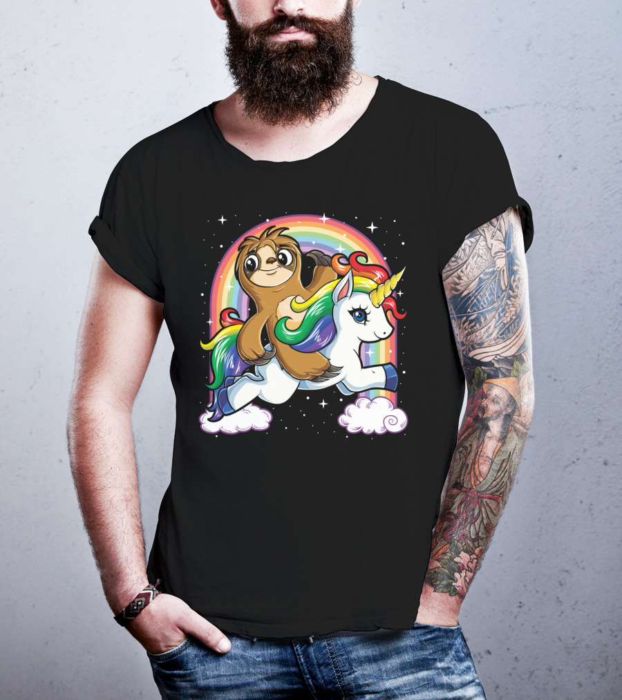 Sloth Riding Unicorn Rainbow Slothicorn Women Kids Fun T-Shirt