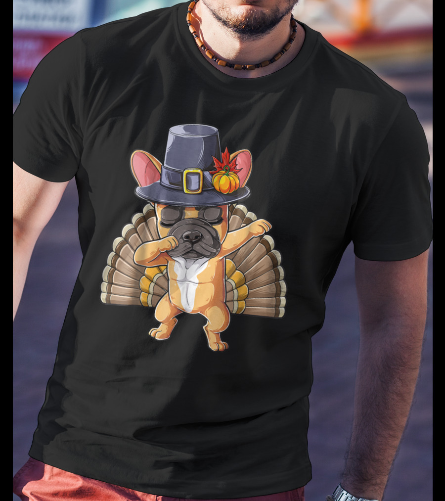 Thanksgiving Dabbing French Bulldog Pilgrim Hat Turkey Tail T-Shirt