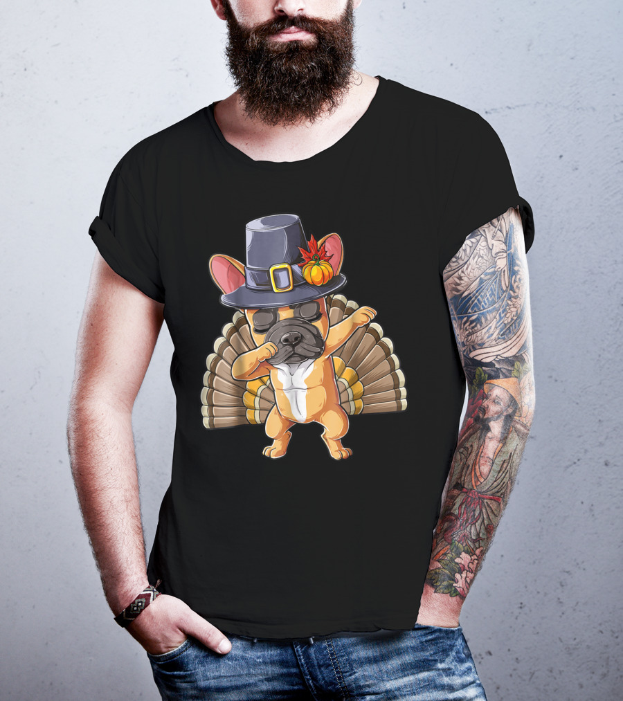 Thanksgiving Dabbing French Bulldog Pilgrim Hat Turkey Tail T-Shirt