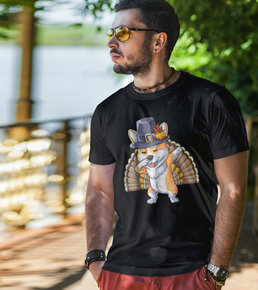 Thanksgiving Pilgrim Corgi Dabbing With Turkey Feathers T-Shirt