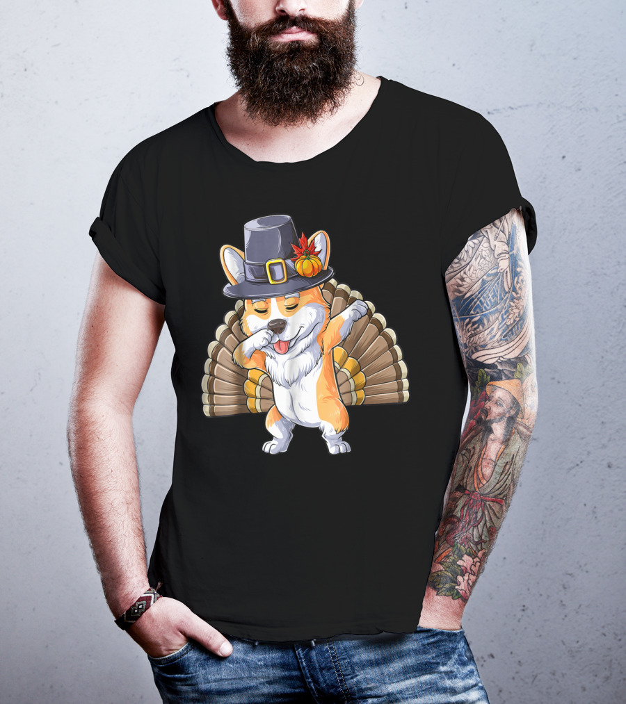 Thanksgiving Pilgrim Corgi Dabbing With Turkey Feathers T-Shirt