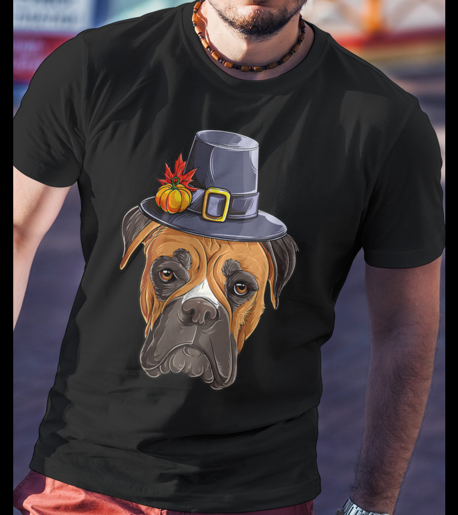 Thanksgiving Boxer Dog Pilgrim Hat Pumpkin Leaf T-Shirt