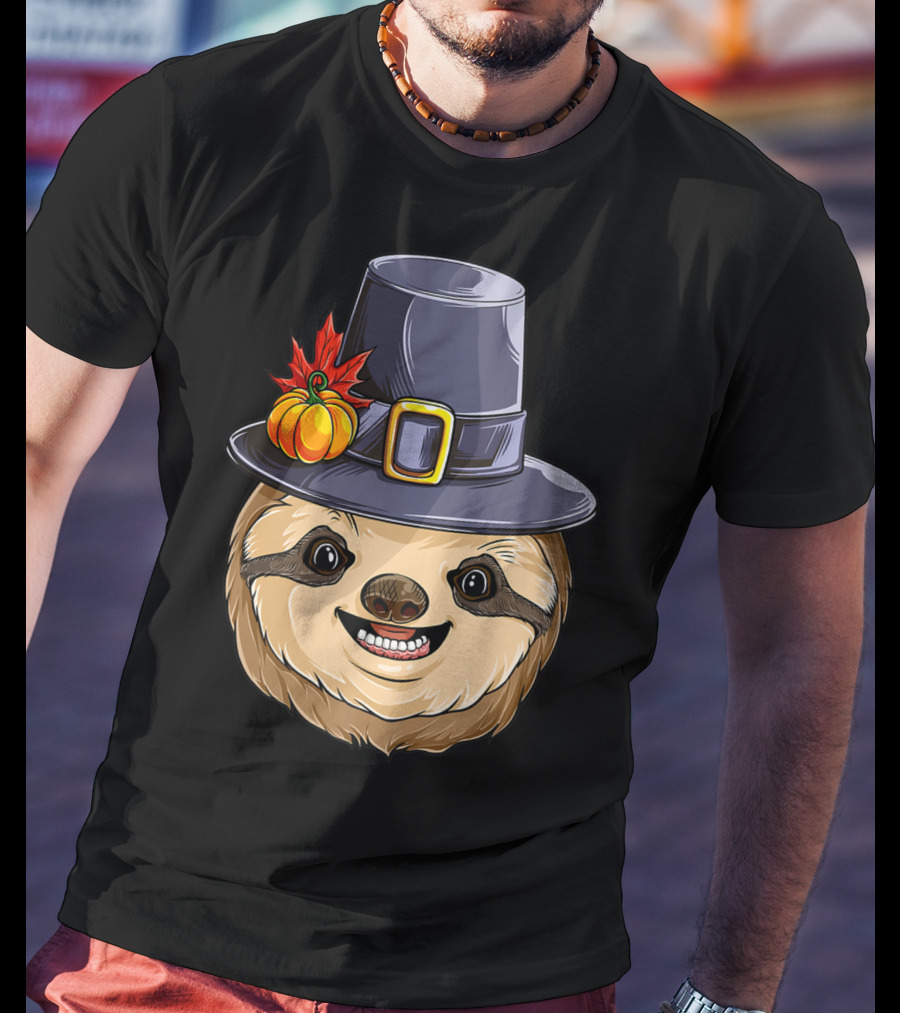 Thanksgiving Sloth With Pilgrim Hat Pumpkin And Autumn Leaves T-Shirt