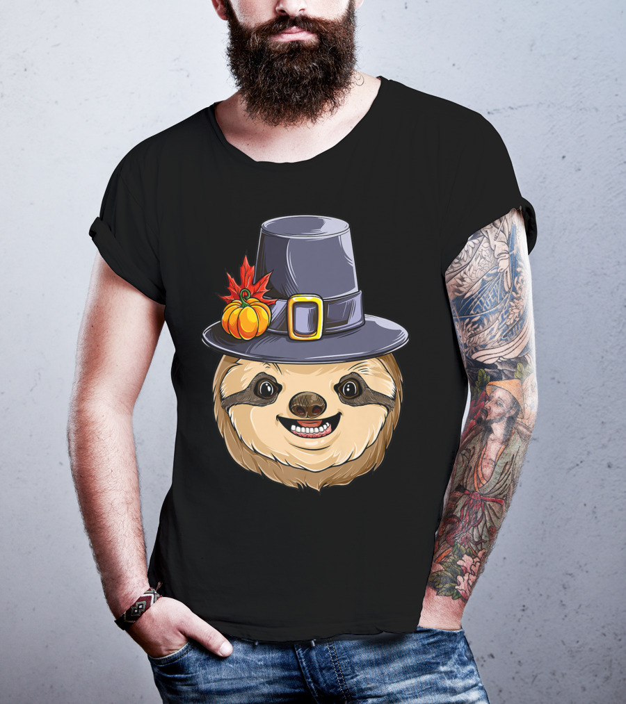Thanksgiving Sloth With Pilgrim Hat Pumpkin And Autumn Leaves T-Shirt