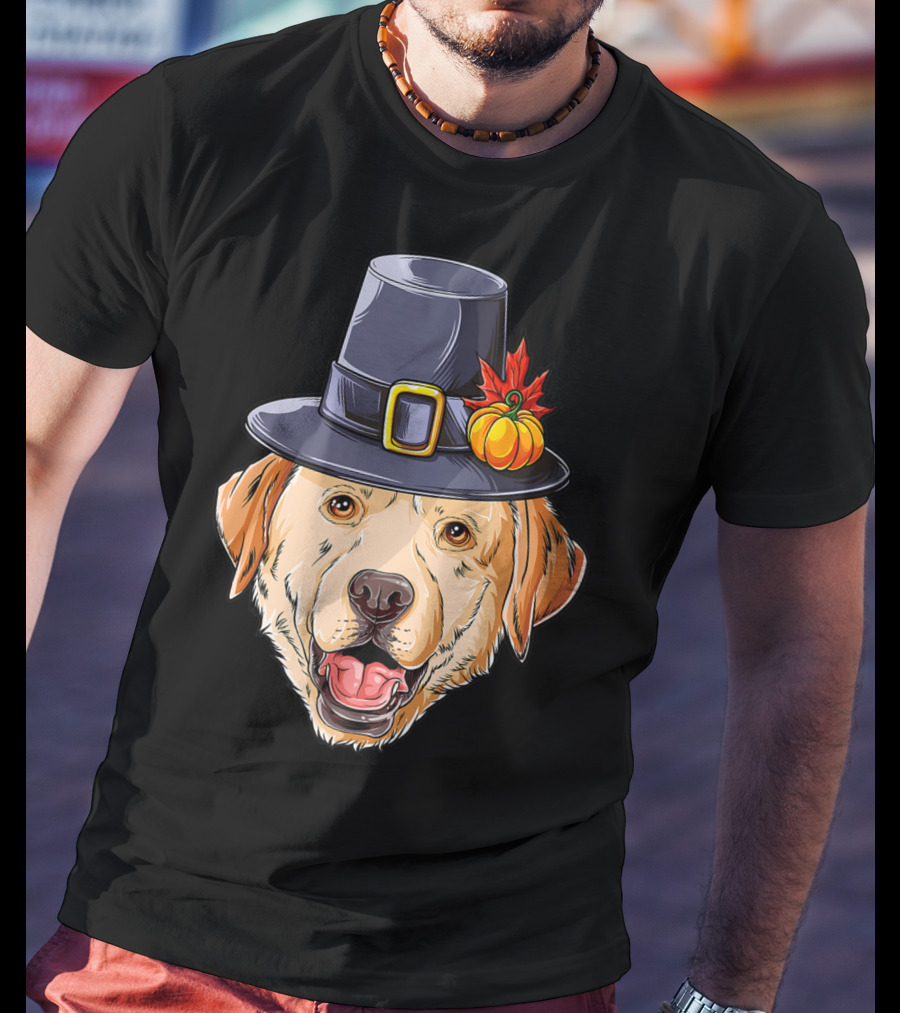 Thanksgiving Dog In Pilgrim Hat With Pumpkin And Leaf T-Shirt