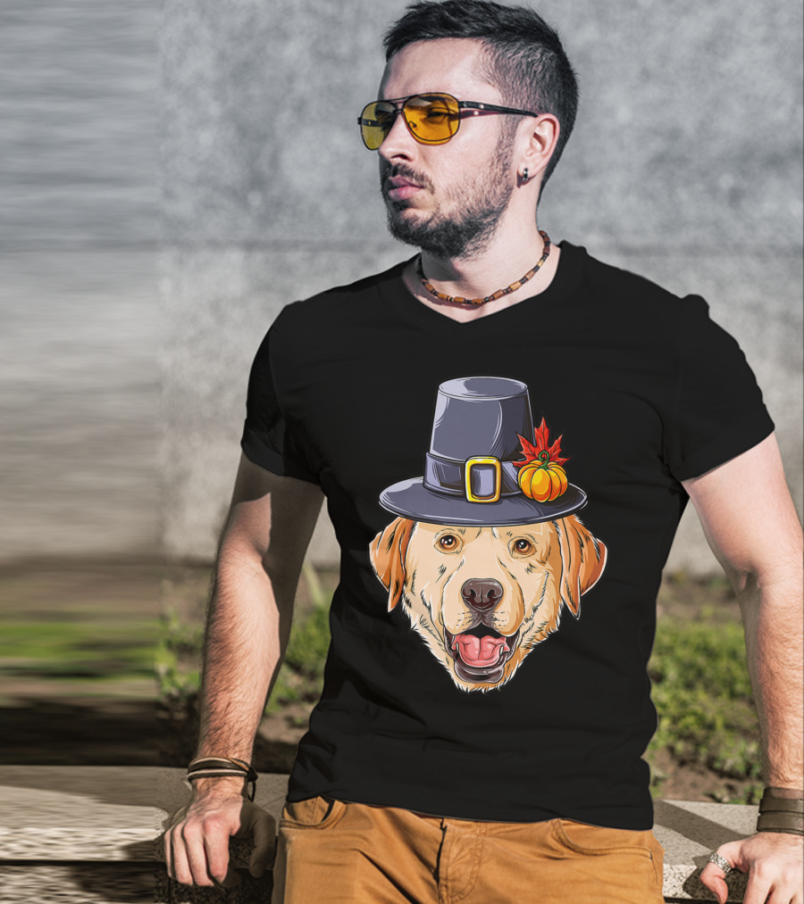 Thanksgiving Dog In Pilgrim Hat With Pumpkin And Leaf T-Shirt