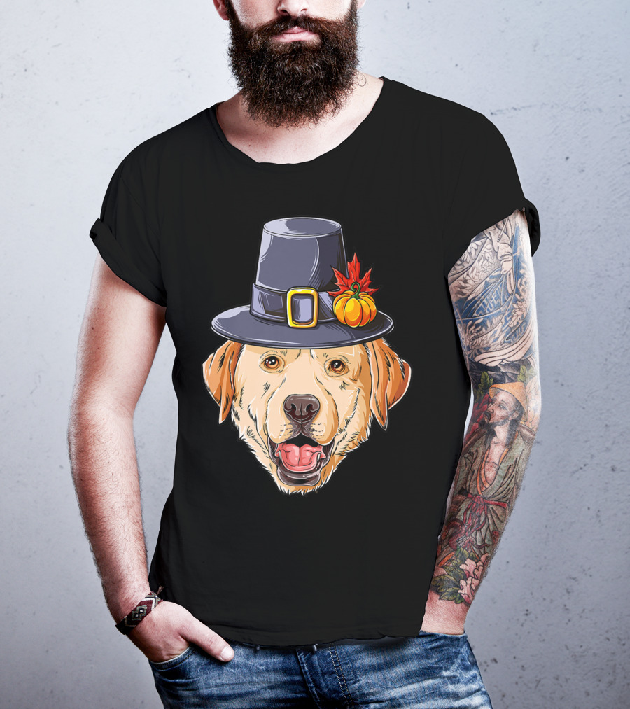 Thanksgiving Dog In Pilgrim Hat With Pumpkin And Leaf T-Shirt