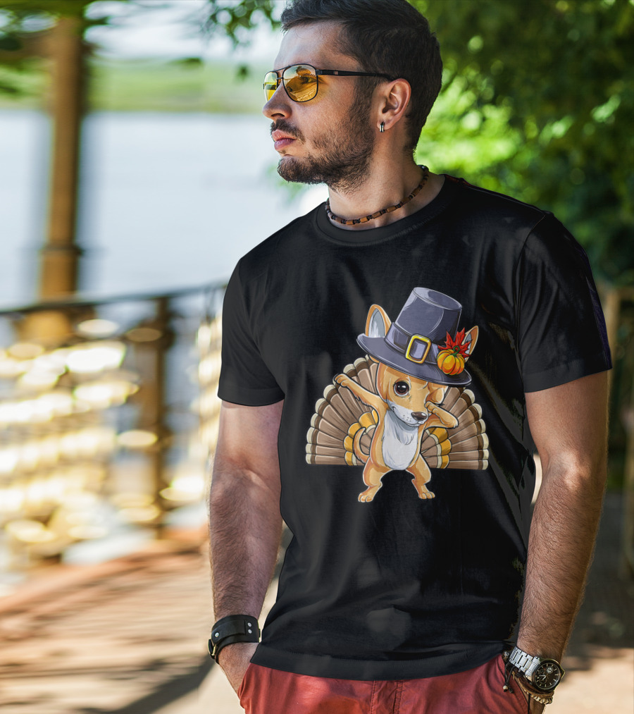 Thanksgiving Dabbing Chihuahua Pilgrim Hat Turkey Feathers T-Shirt
