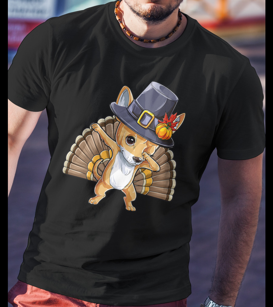 Thanksgiving Dabbing Chihuahua Pilgrim Hat Turkey Feathers T-Shirt