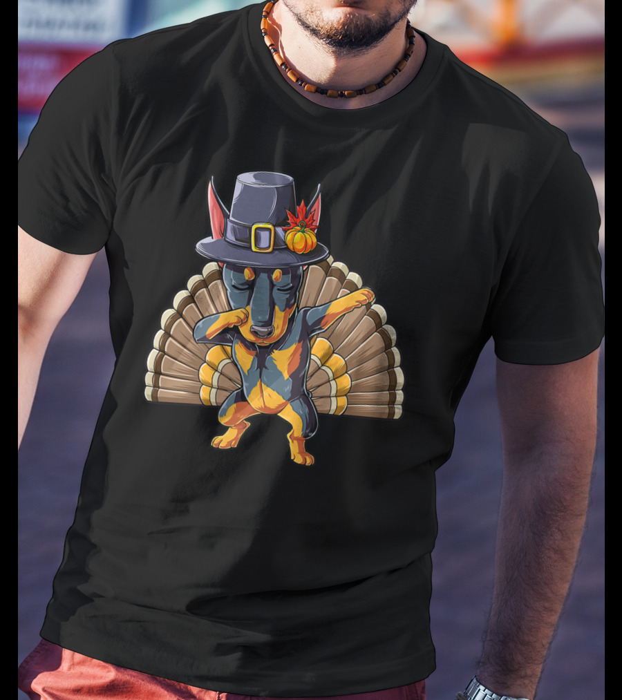 Thanksgiving Dabbing Doberman Pilgrim Hat Turkey Feather Background T-Shirt