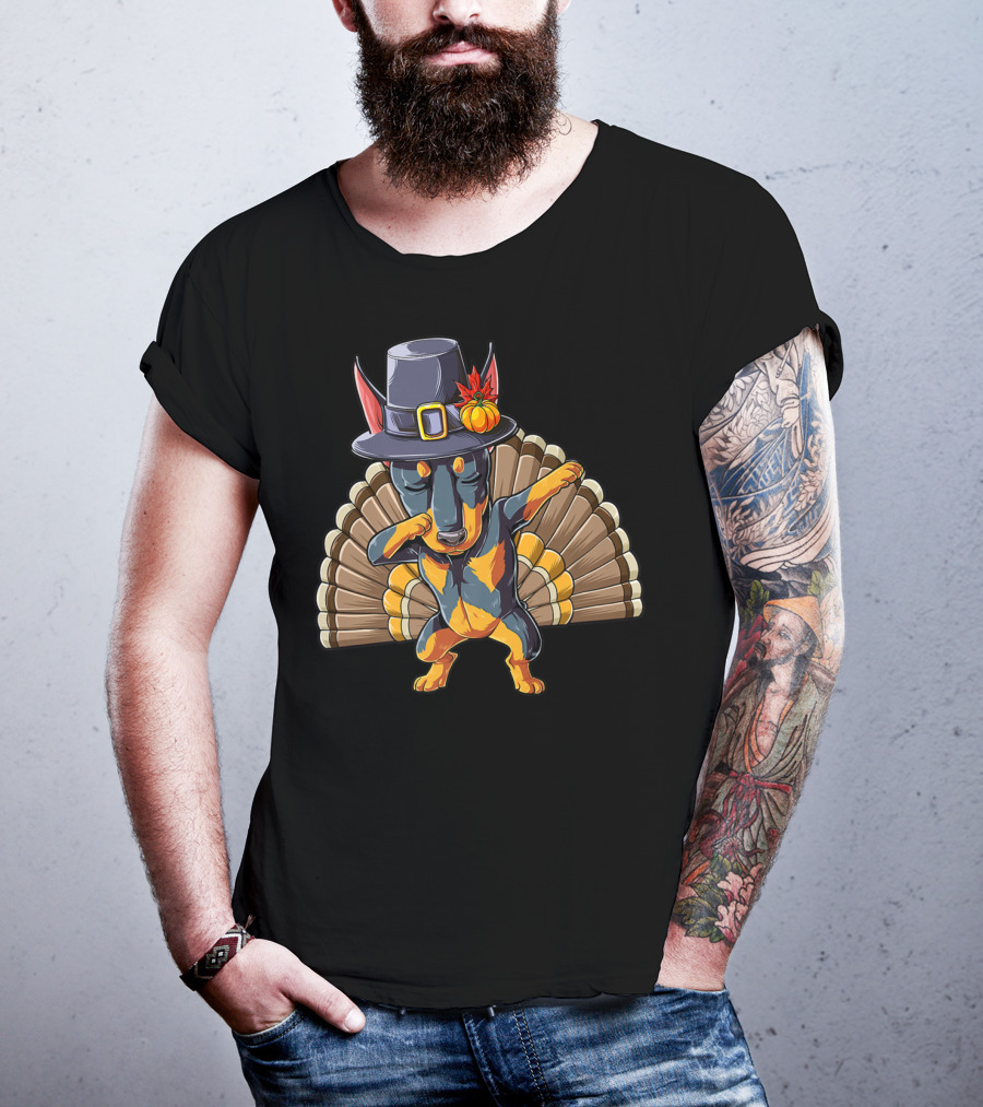 Thanksgiving Dabbing Doberman Pilgrim Hat Turkey Feather Background T-Shirt