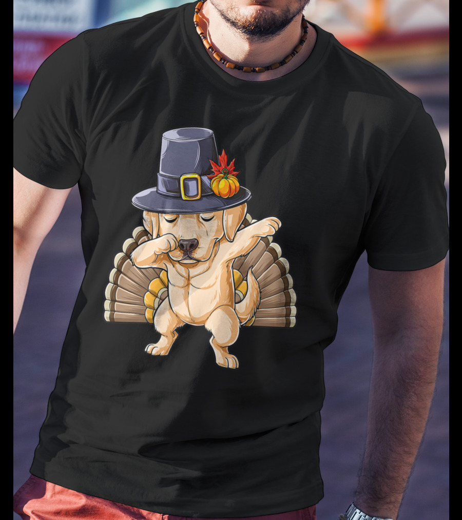 Thanksgiving Dabbing Labrador Wearing Pilgrim Hat With Turkey Tail T-Shirt