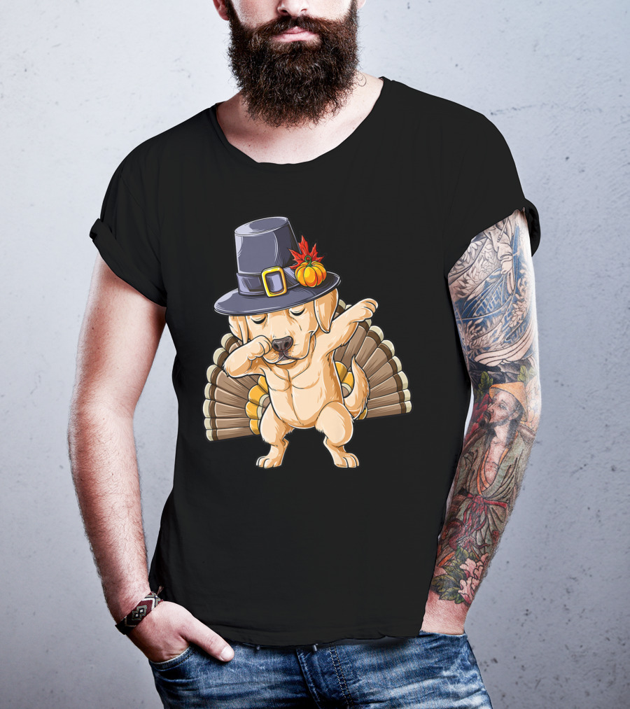 Thanksgiving Dabbing Labrador Wearing Pilgrim Hat With Turkey Tail T-Shirt