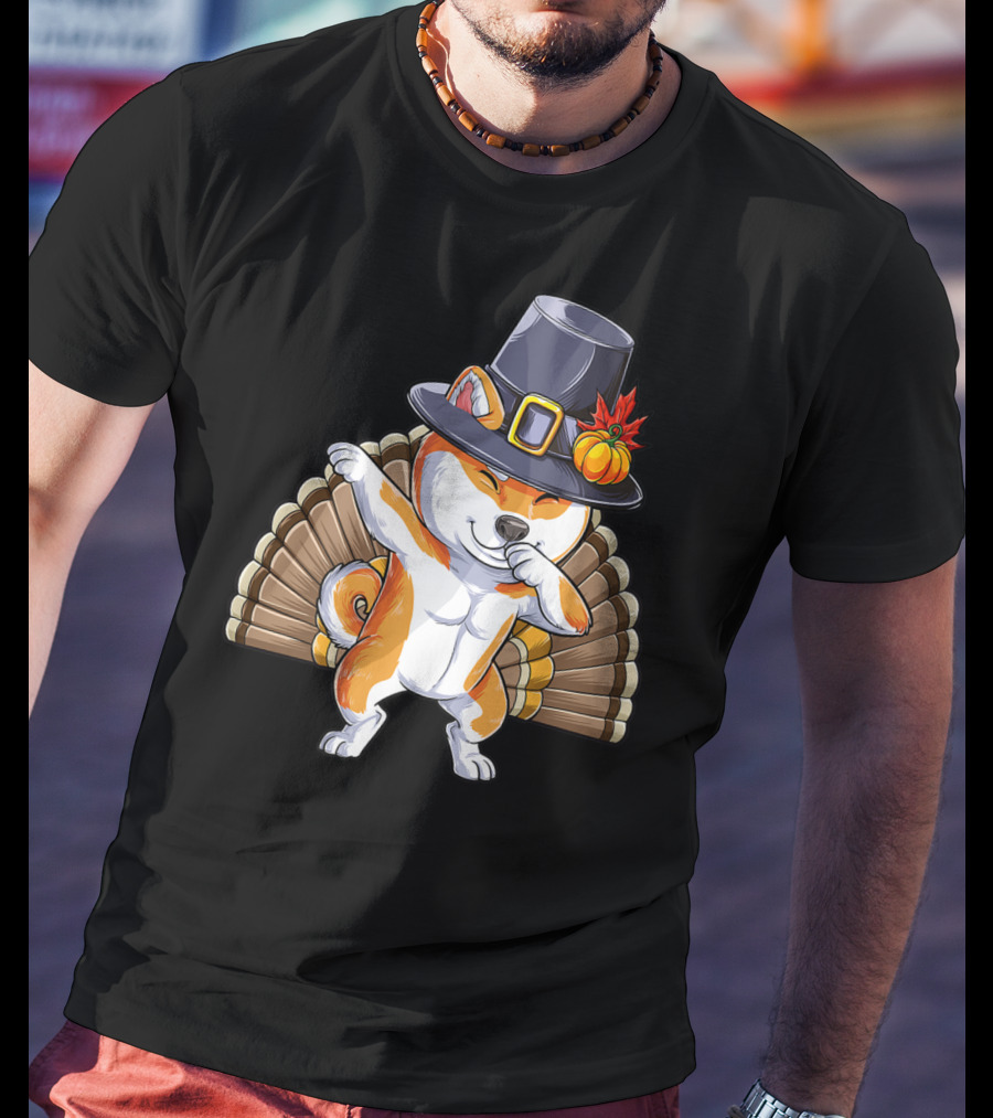 Thanksgiving Dabbing Shiba Inu Pilgrim Hat Turkey Background T-Shirt