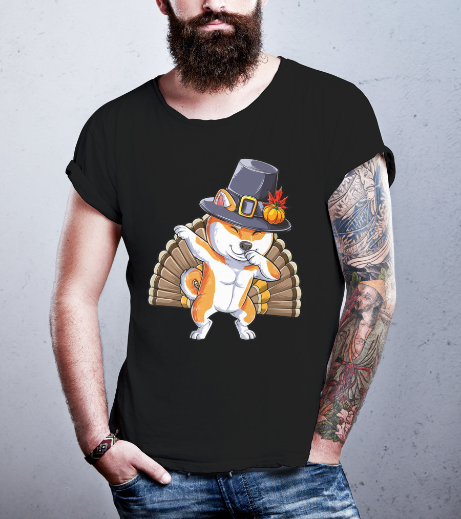 Thanksgiving Dabbing Shiba Inu Pilgrim Hat Turkey Background T-Shirt
