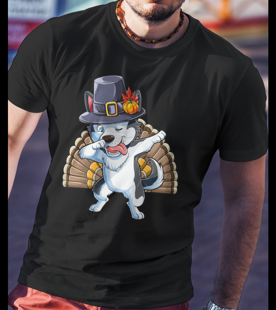 Thanksgiving Kids Dabbing Siberian Husky With Pilgrim Hat And Turkey Tail T-Shirt