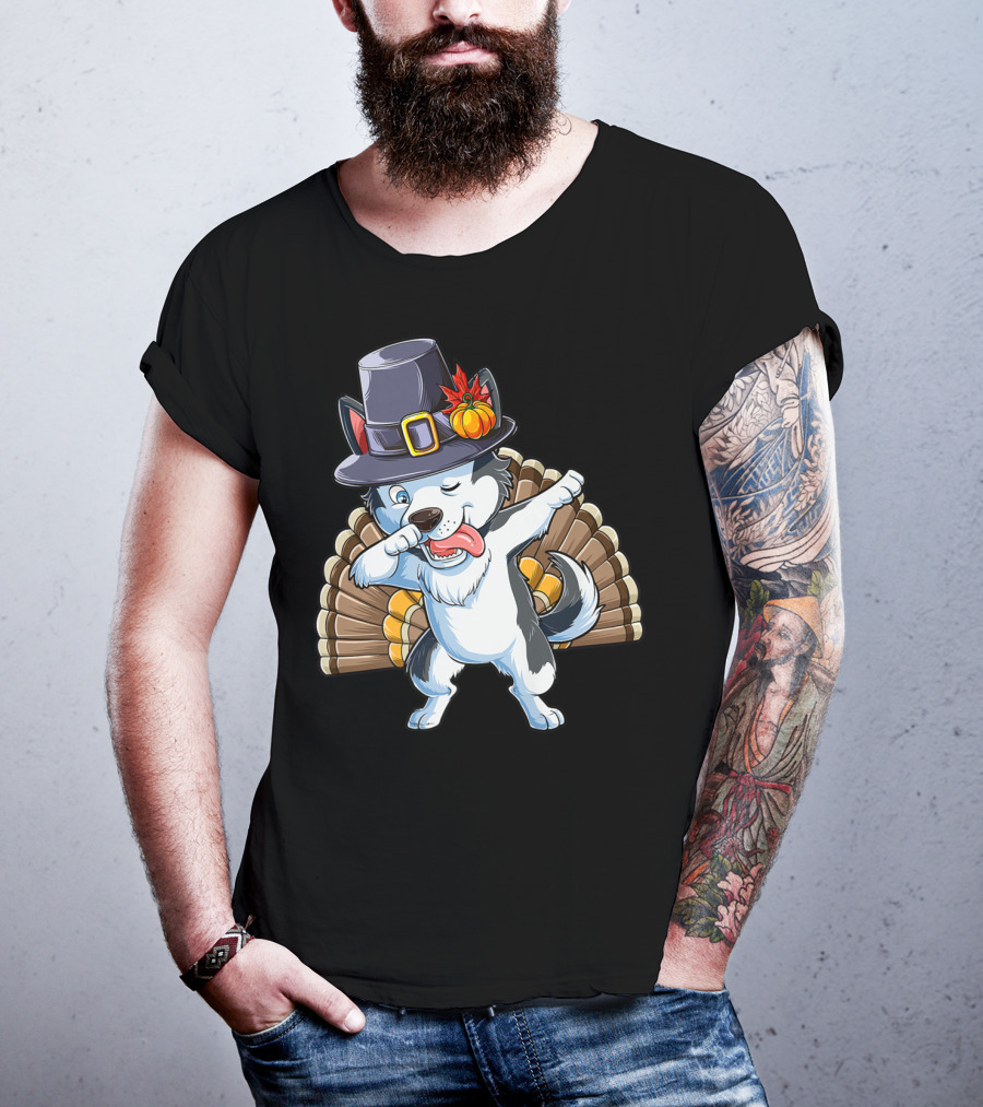 Thanksgiving Kids Dabbing Siberian Husky With Pilgrim Hat And Turkey Tail T-Shirt