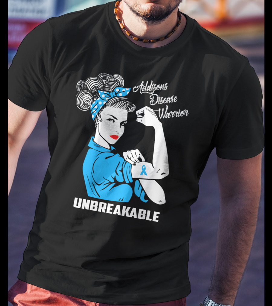 Addisons Disease Warrior Unbreakable Awareness Woman With Ribbon T-Shirt