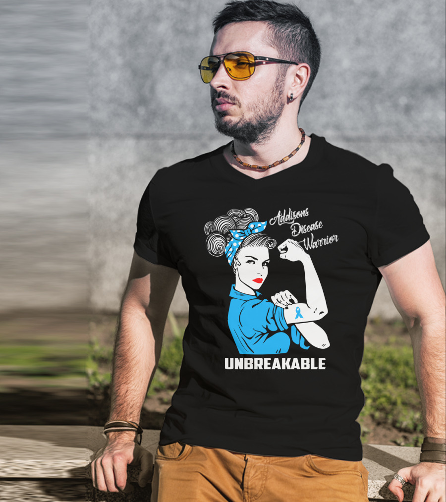 Addisons Disease Warrior Unbreakable Awareness Woman With Ribbon T-Shirt