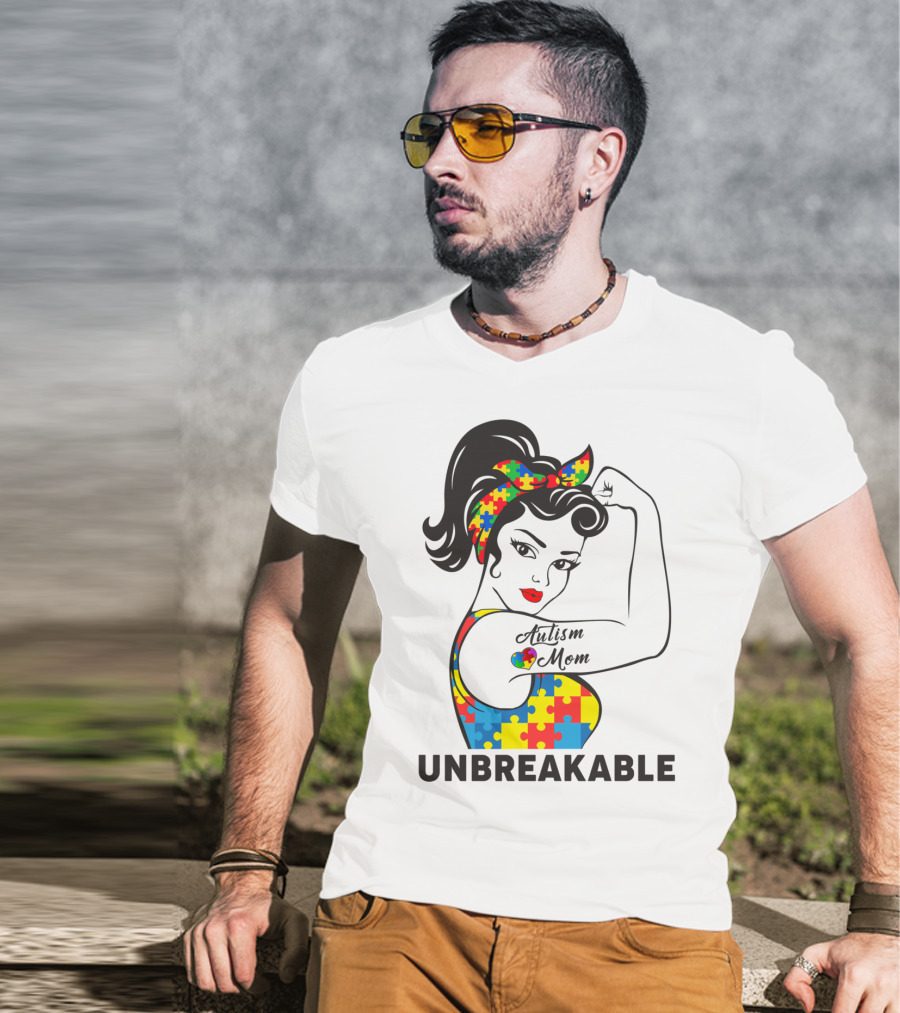 Autism Awareness Unbreakable Autism Mom Puzzle T-Shirt