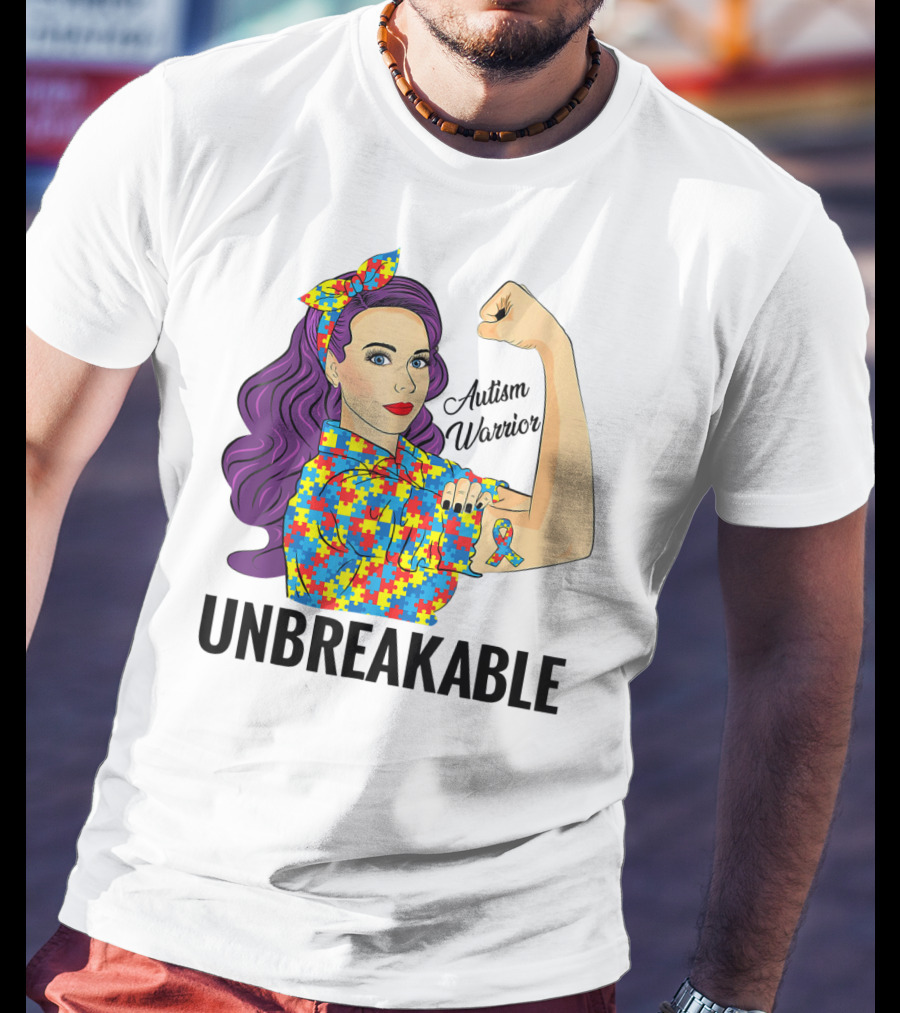 Autism Awareness Warrior Unbreakable Puzzle Ribbon Rosie The Riveter T-Shirt