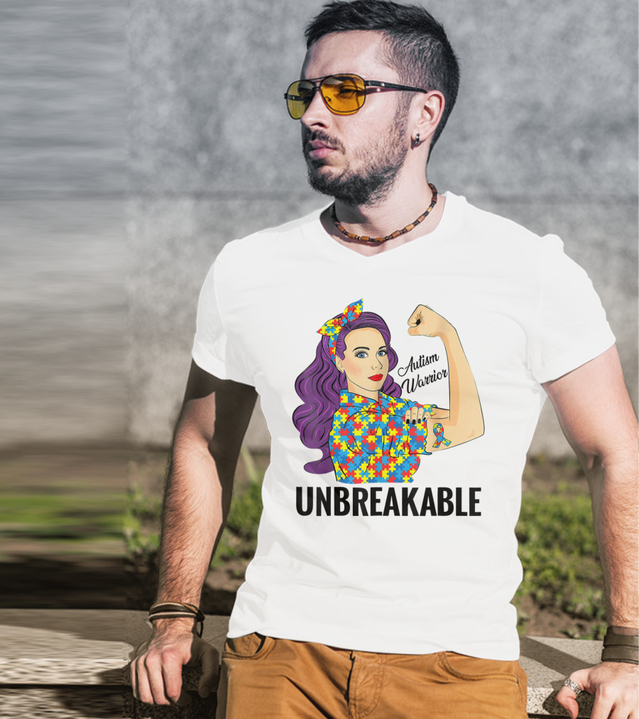 Autism Awareness Warrior Unbreakable Puzzle Ribbon Rosie The Riveter T-Shirt