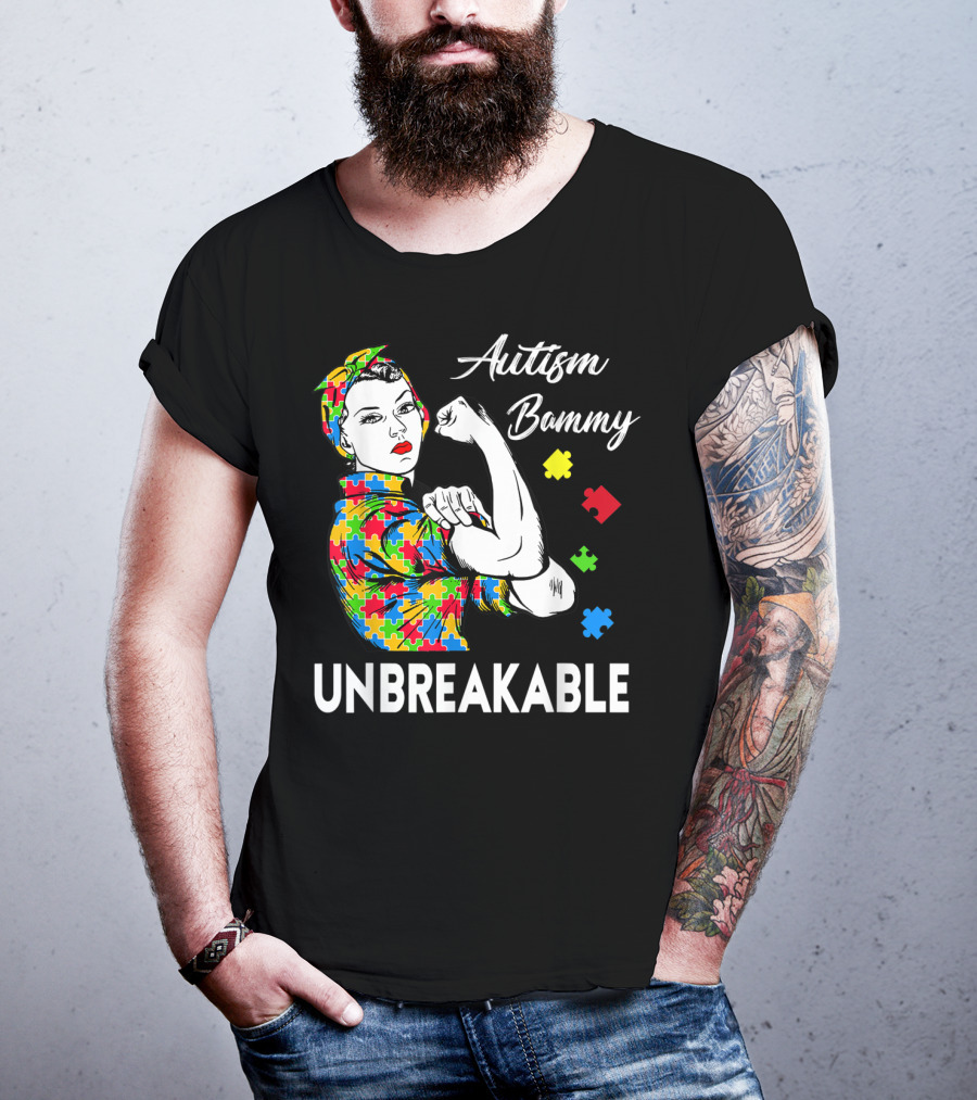 Autism Bammy Unbreakable Awareness Puzzle Piece Rosie The Riveter T-Shirt