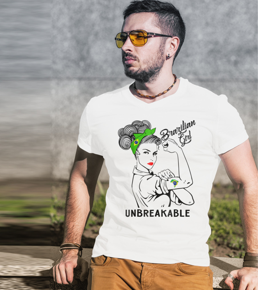 Brazilian Girl Unbreakable With Brazil Flag Bandana And Tattoo T-Shirt