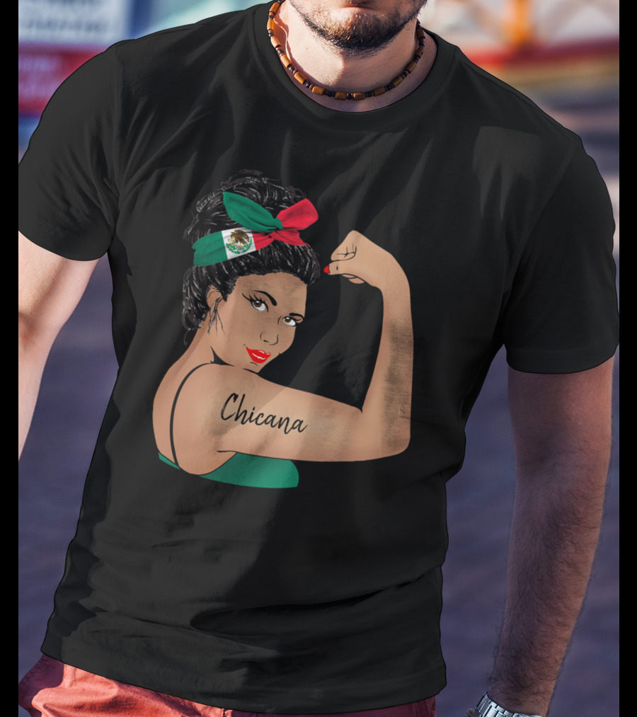 Chicana Girl Flexing With Mexican Flag Hair Wrap Unbreakable Strong T-Shirt