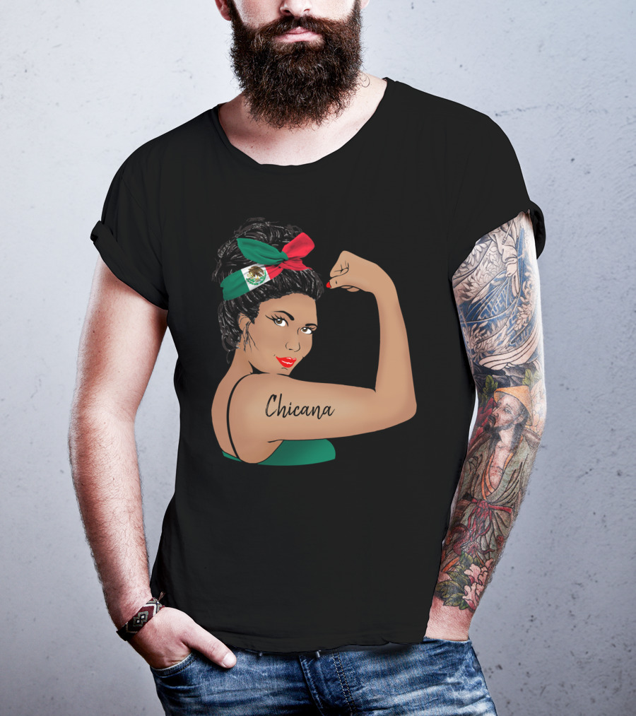 Chicana Girl Flexing With Mexican Flag Hair Wrap Unbreakable Strong T-Shirt