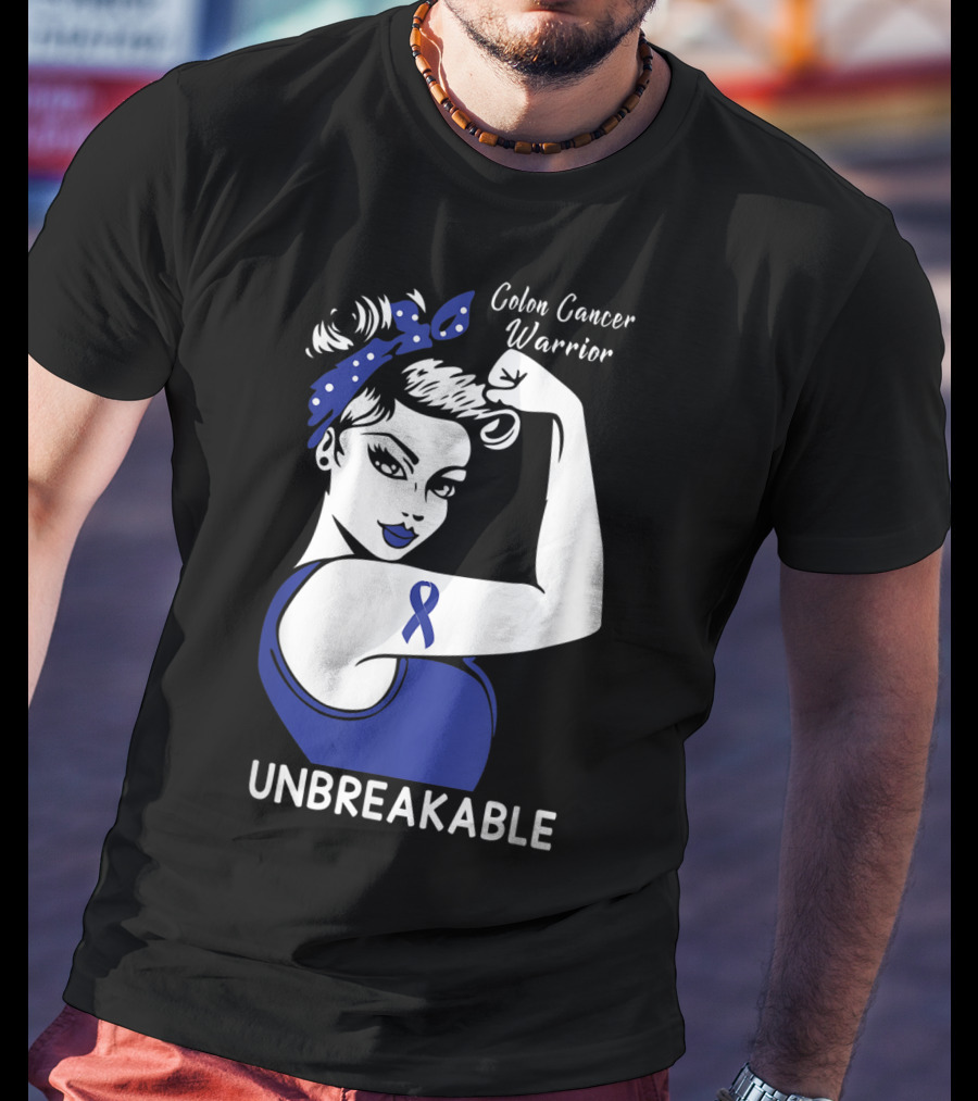 Colon Cancer Warrior Unbreakable Strength Ribbon Rosie The Riveter Inspired T-Shirt
