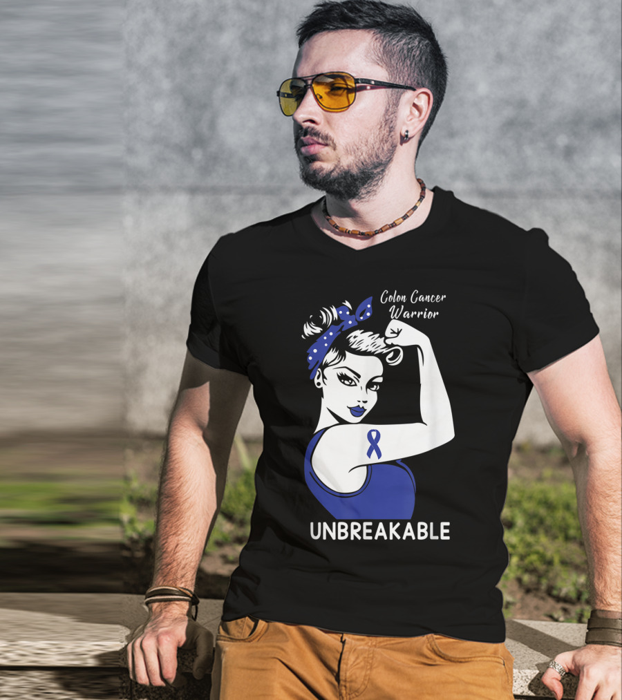 Colon Cancer Warrior Unbreakable Strength Ribbon Rosie The Riveter Inspired T-Shirt