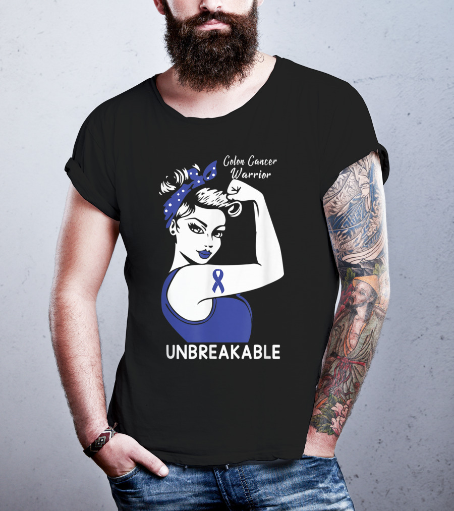 Colon Cancer Warrior Unbreakable Strength Ribbon Rosie The Riveter Inspired T-Shirt
