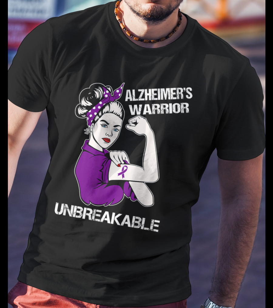 Alzheimer's Warrior Unbreakable Rosie The Riveter Style Purple Awareness T-Shirt