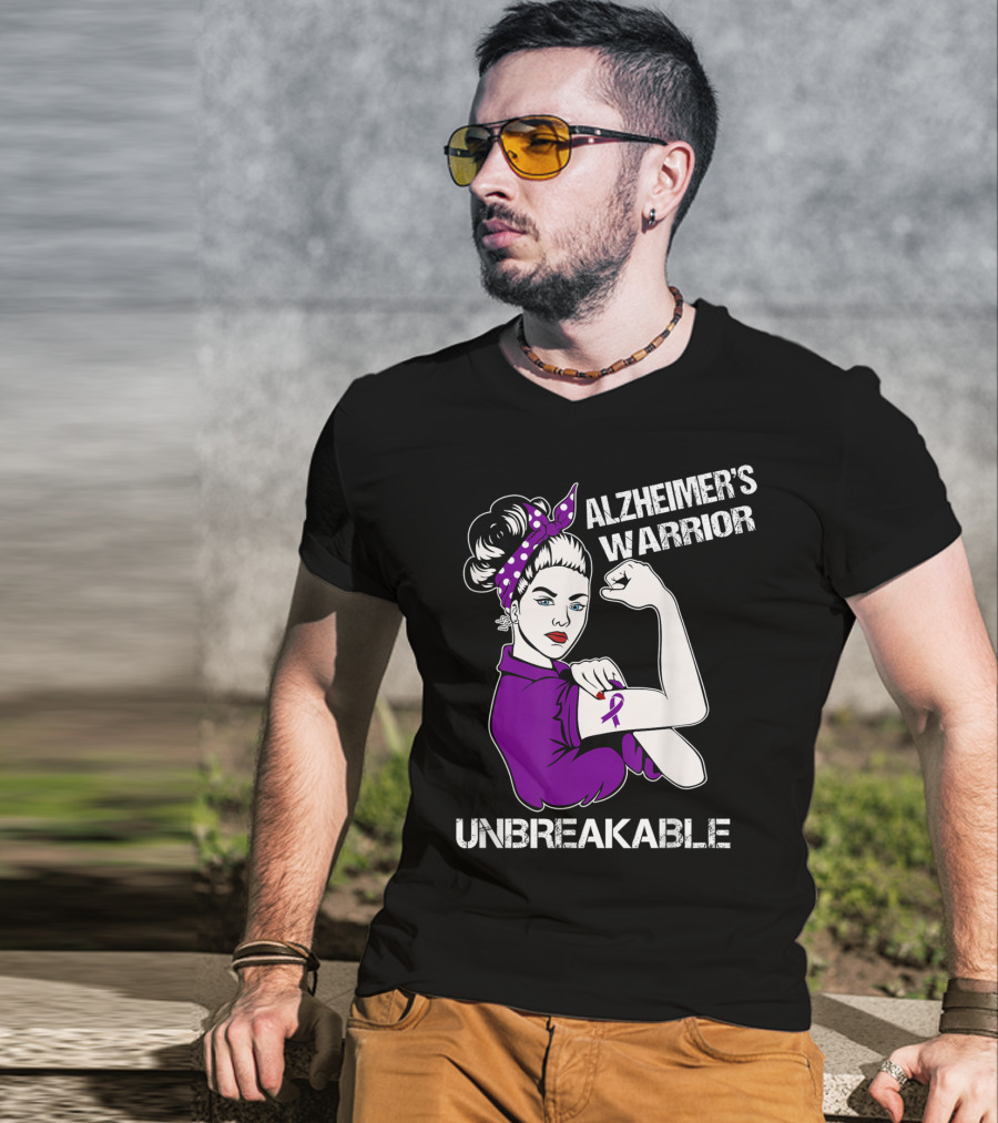 Alzheimer's Warrior Unbreakable Rosie The Riveter Style Purple Awareness T-Shirt