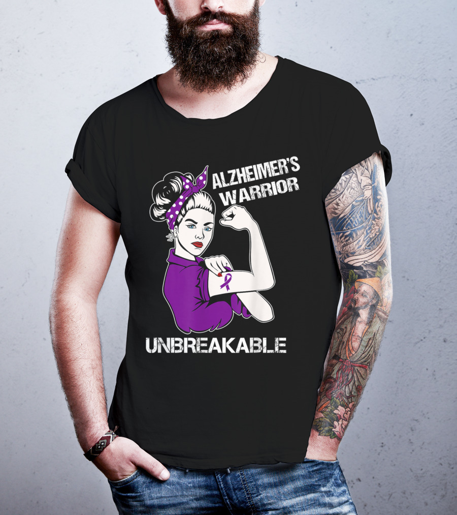 Alzheimer's Warrior Unbreakable Rosie The Riveter Style Purple Awareness T-Shirt