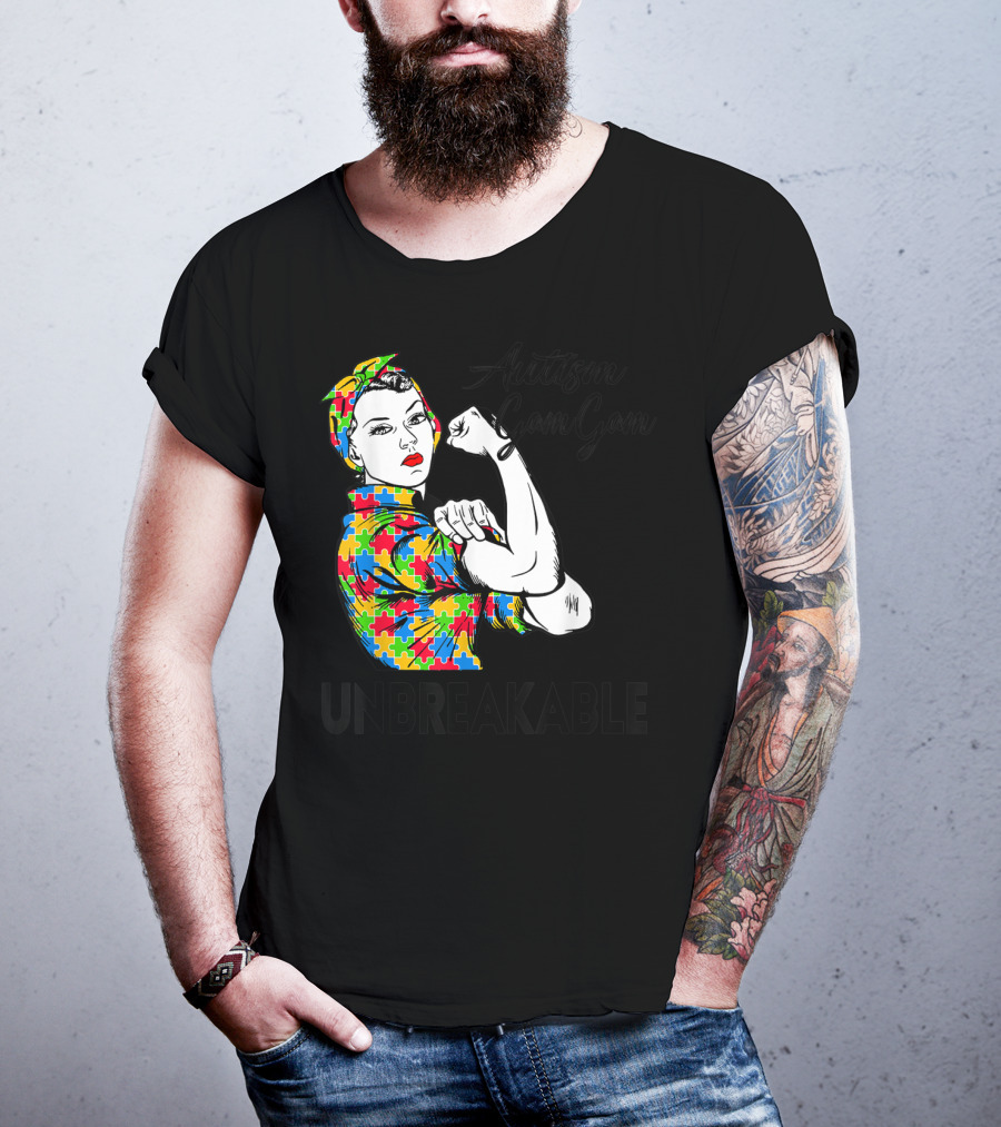 Autism Gam Gam Unbreakable Autism Awareness Puzzle Piece Rosie Flexing T-Shirt