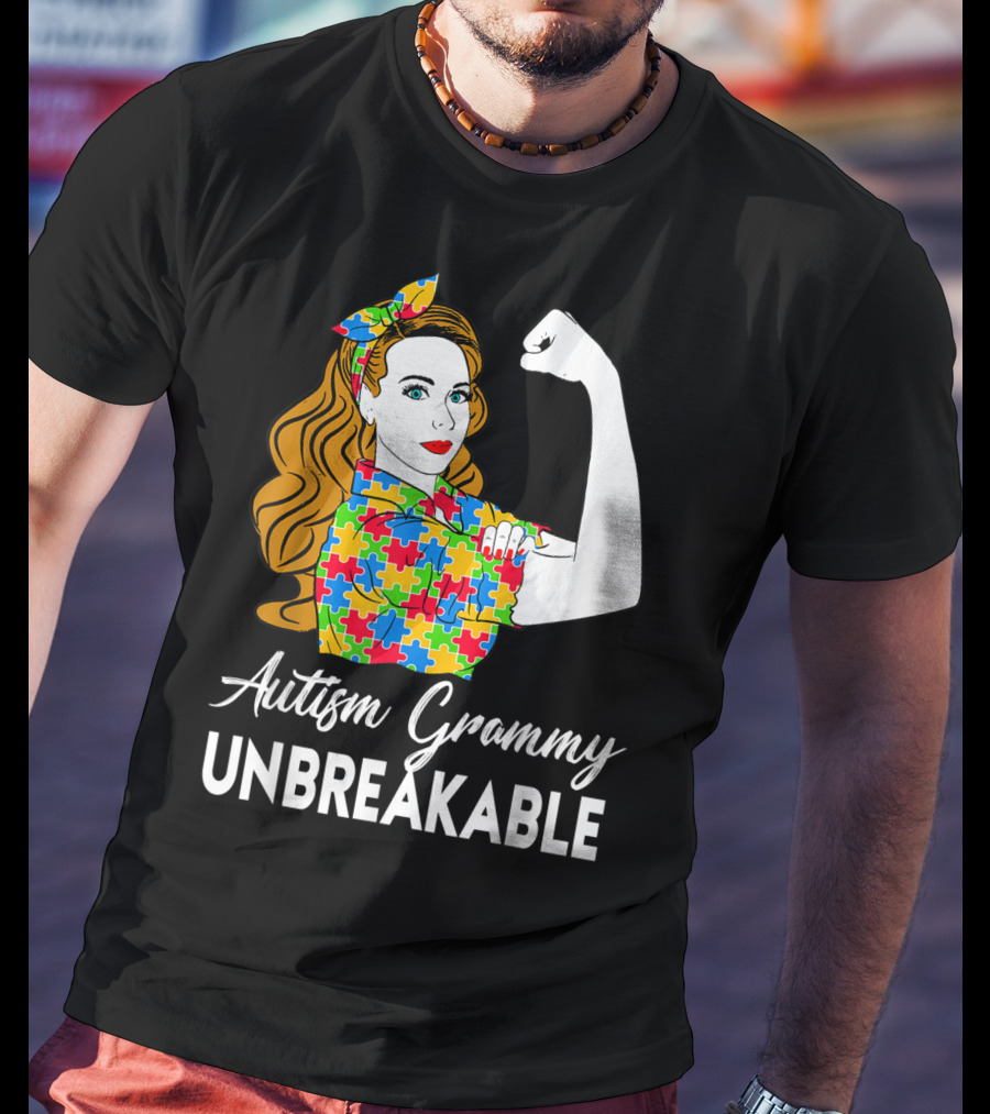 Autism Grammy Unbreakable Rosie Riveter Puzzle Piece Awareness T-Shirt