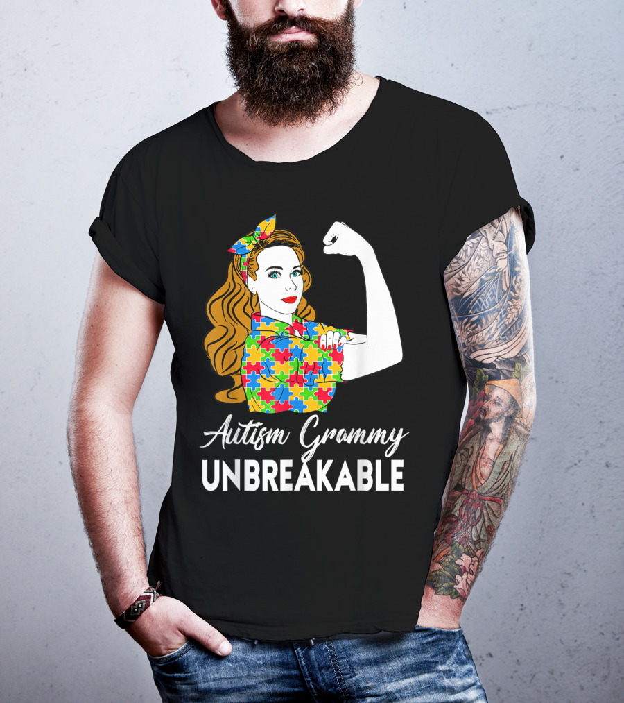 Autism Grammy Unbreakable Rosie Riveter Puzzle Piece Awareness T-Shirt