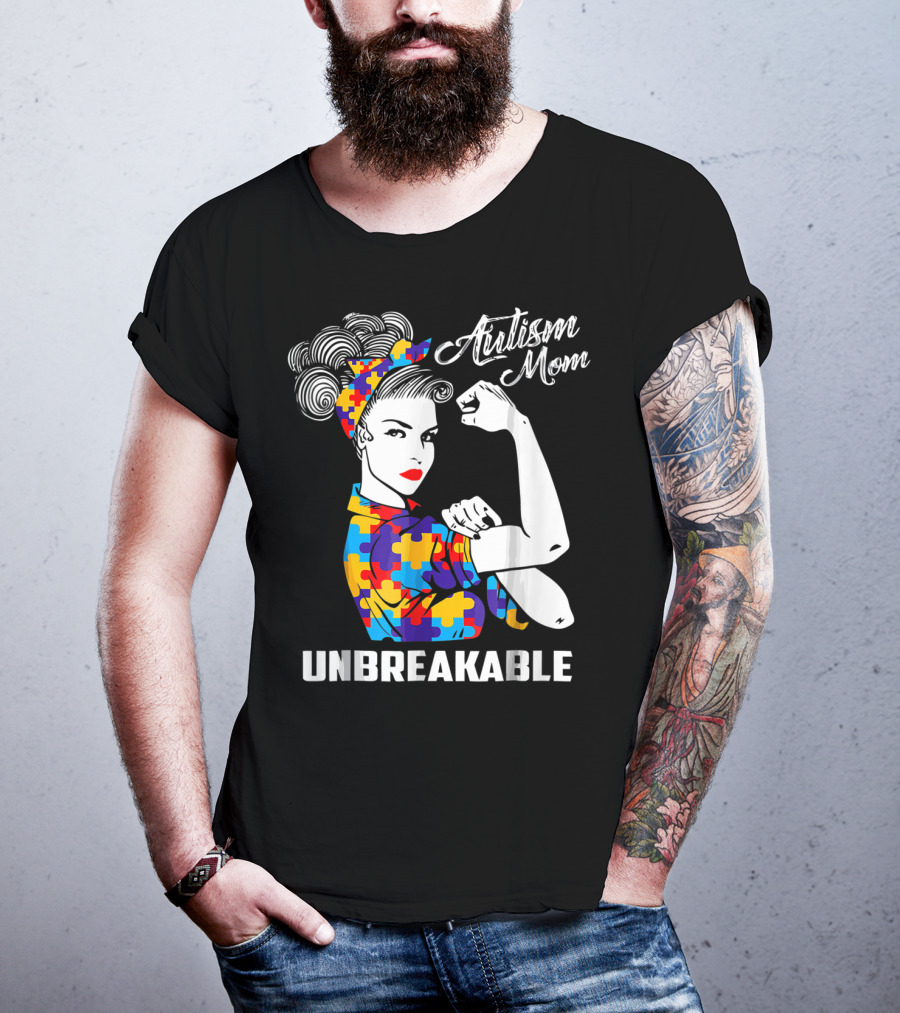 Autism Mom Unbreakable Autism Awareness Rosie The Riveter Puzzle T-Shirt