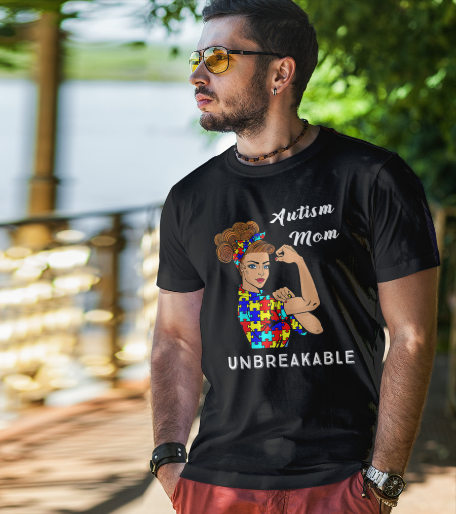 Autism Mom Unbreakable Awareness Puzzle Pattern Rosie The Riveter T-Shirt