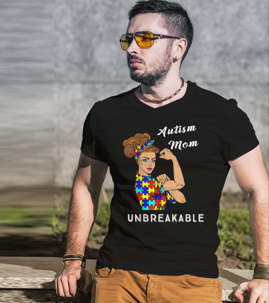 Autism Mom Unbreakable Awareness Puzzle Pattern Rosie The Riveter T-Shirt