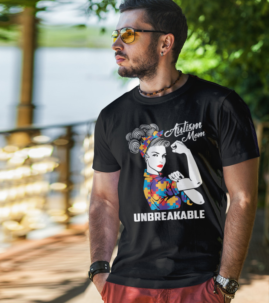 Autism Mom Unbreakable Mama Autism Puzzle Pattern Iconic Rosie Riveter T-Shirt
