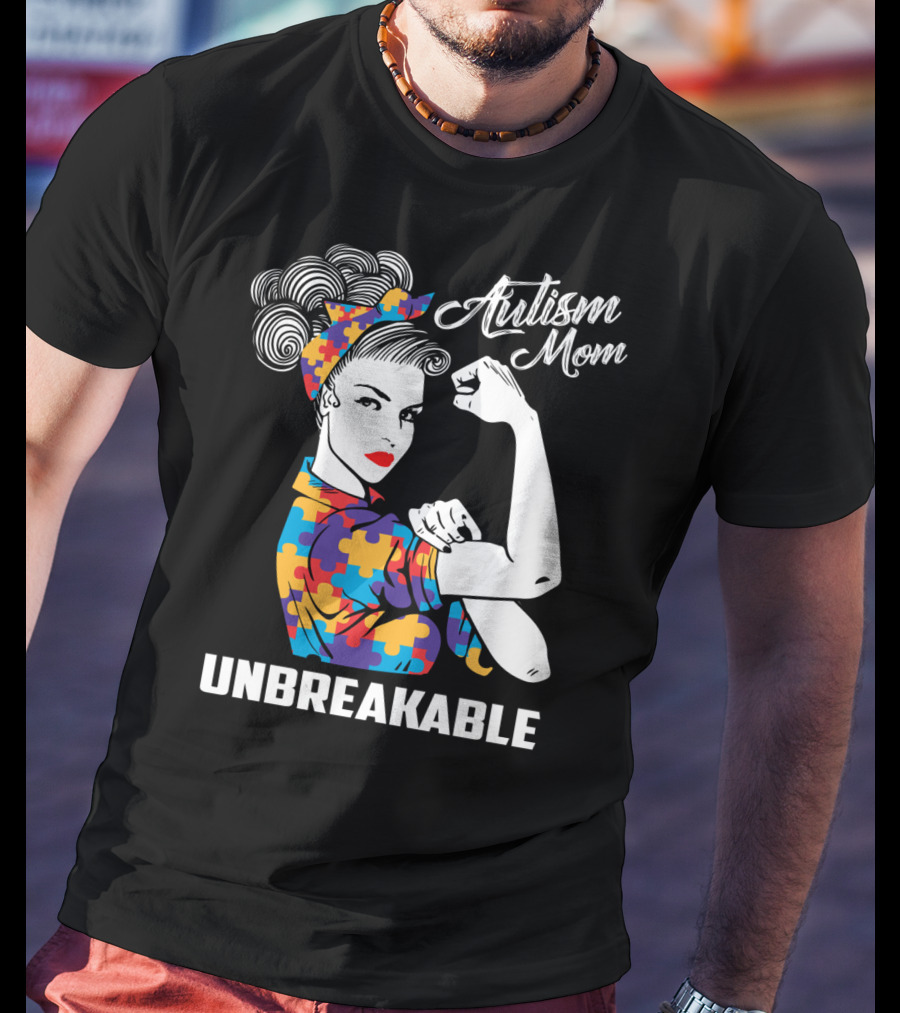 Autism Mom Unbreakable Mama Autism Puzzle Pattern Iconic Rosie Riveter T-Shirt
