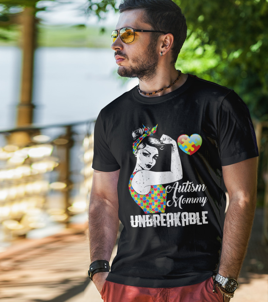 Autism Mommy Unbreakable Puzzle Heart Rosie The Riveter T-Shirt