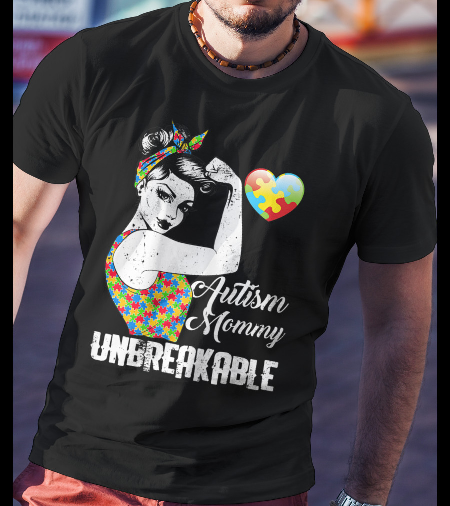 Autism Mommy Unbreakable Puzzle Heart Rosie The Riveter T-Shirt