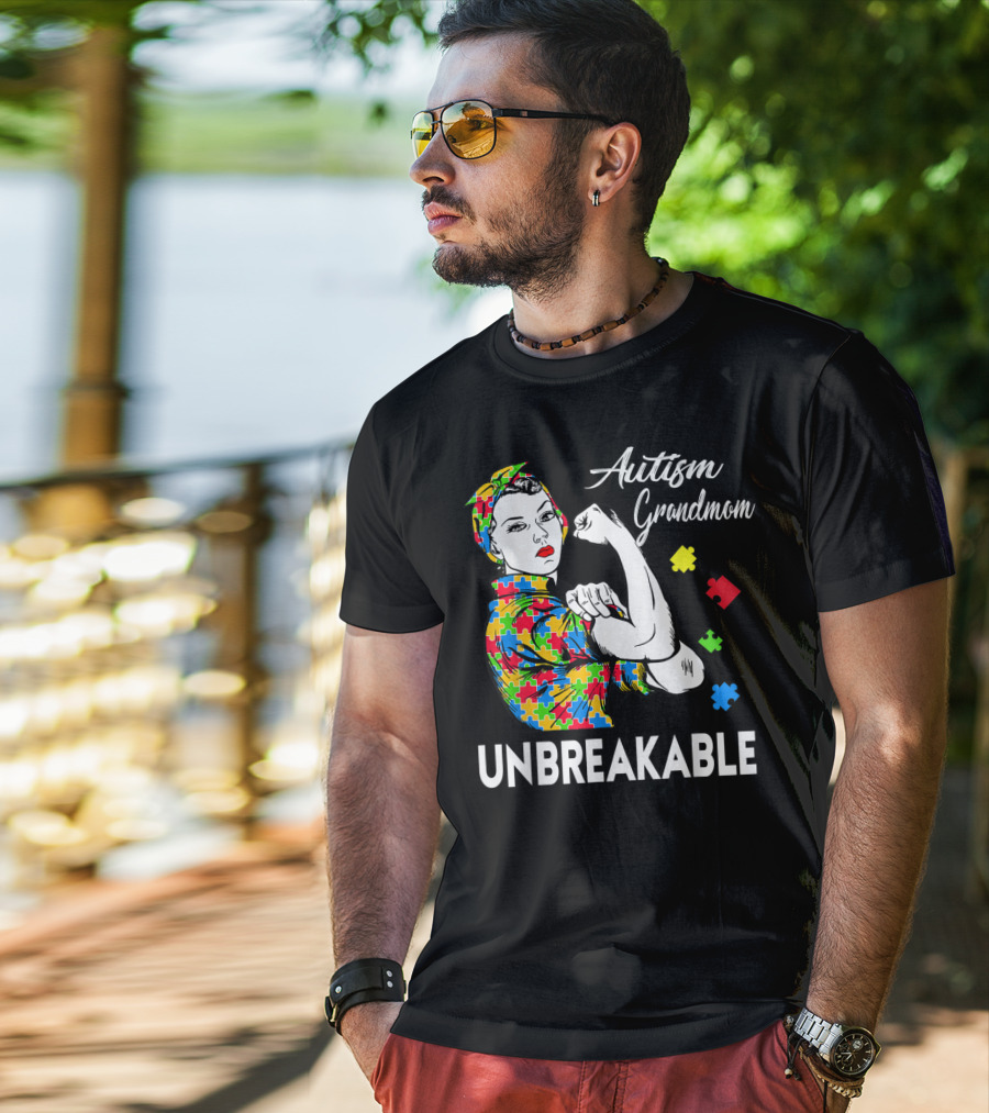 Unbreakable Autism Grandmom Autism Awareness Puzzle Pieces T-Shirt