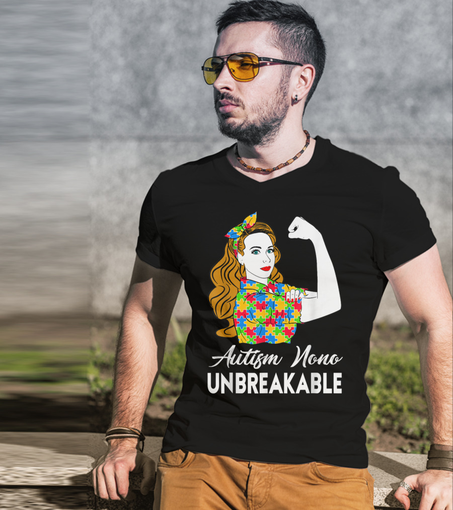 Autism Nono Unbreakable Autism Awareness Puzzle Pattern Rosie The Riveter T-Shirt