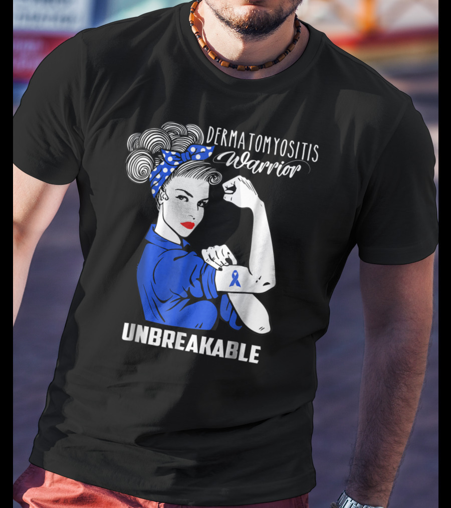 Dermatomyositis Warrior Unbreakable Awareness Flexing Rosie Icon With Blue T-Shirt